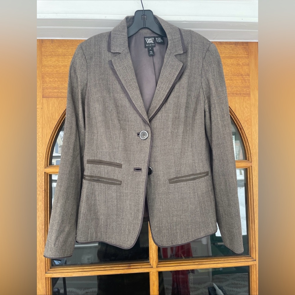 Worth New York Brown Herringbone Wool Blend Blazer Size 6
